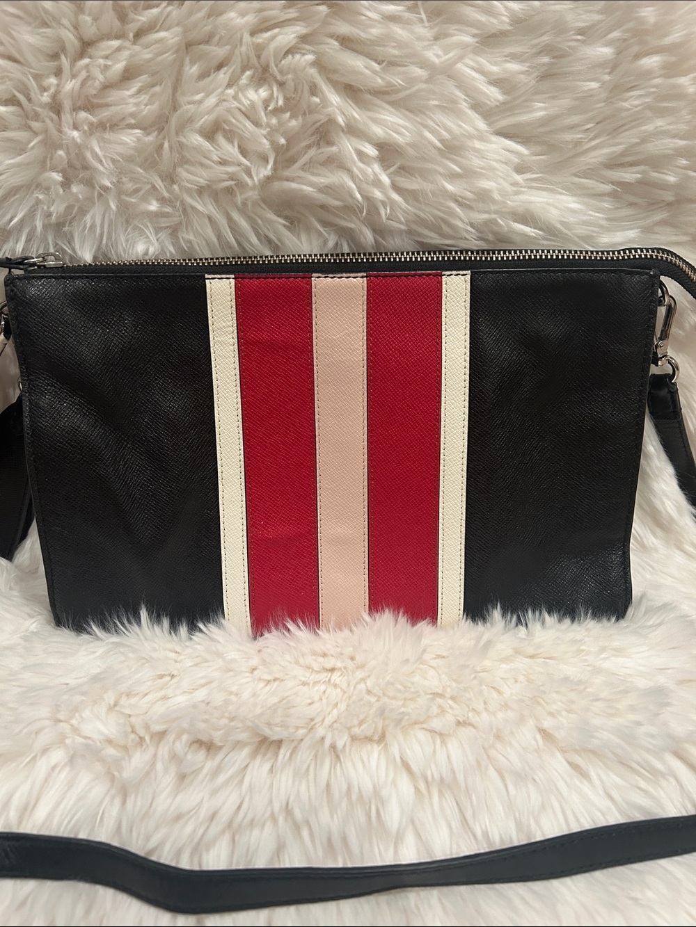 White House Black Market Black Crossbody with Red and Pink Center Stripes